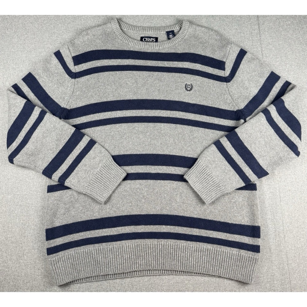 Chaps Mens Large Sweater Gray Navy Striped Crewneck 100% Cotton Logo Pullover